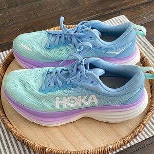 Women’s HOKA BONDI 8 Sky Blue and Lavender Sneakers, Size 8.